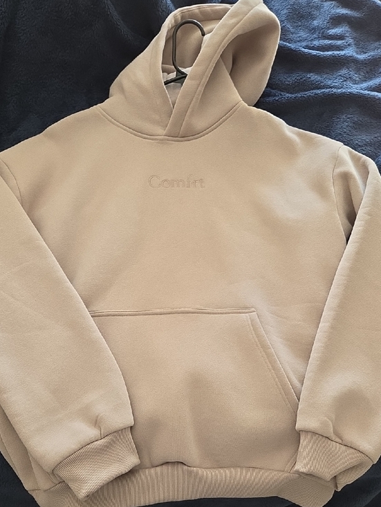 Comfrt Sweaters - Women's Beige Hooded Sweatshirt - Comfort Embossed Logo